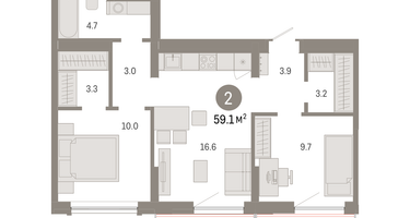 2-к. квартира, 59&nbsp;м²