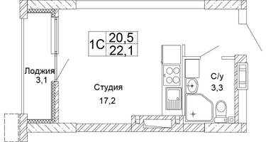1-к. квартира, 22&nbsp;м²