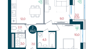 2-к. квартира, 49 м²
