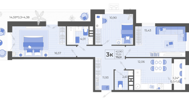 3-к. квартира, 73&nbsp;м²