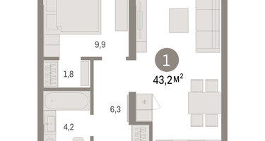 1-к. квартира, 43&nbsp;м²