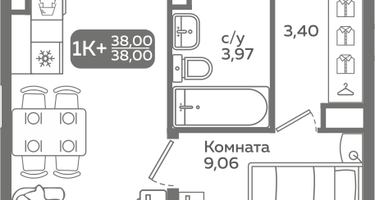 1-к. квартира, 38&nbsp;м²