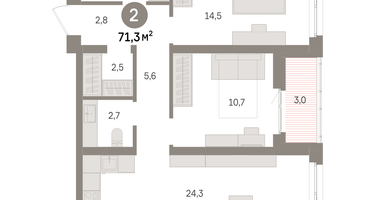 2-к. квартира, 71&nbsp;м²