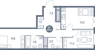 2-к. квартира, 56&nbsp;м²