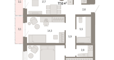 2-к. квартира, 77&nbsp;м²