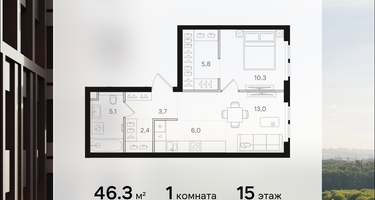 1-к. квартира, 46 м²
