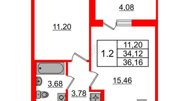 1-к. квартира, 34&nbsp;м²