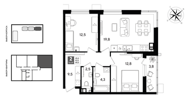 2-к. квартира, 64&nbsp;м²