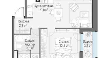 2-к. квартира, 43&nbsp;м²