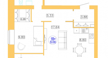 2-к. квартира, 53 м²