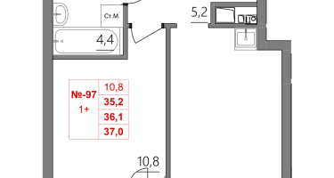 1-к. квартира, 36&nbsp;м²