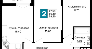 2-к. квартира, 58&nbsp;м²