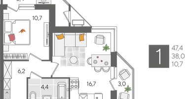 1-к. квартира, 47 м²