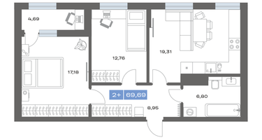 2-к. квартира, 69&nbsp;м²