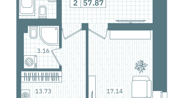 2-к. квартира, 57&nbsp;м²