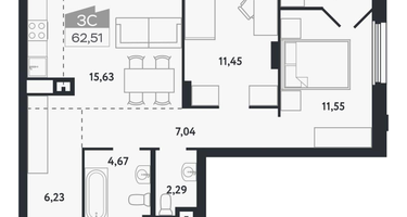 3-к. квартира, 62 м²