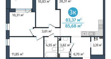 3-к. квартира, 83&nbsp;м²