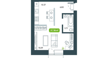1-к. квартира, 35&nbsp;м²