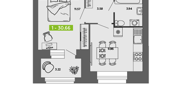 1-к. квартира, 30&nbsp;м²