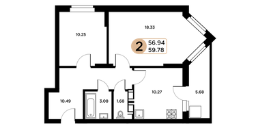 2-к. квартира, 58&nbsp;м²