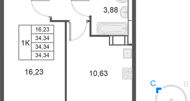 1-к. квартира, 34&nbsp;м²