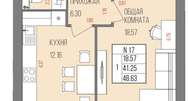 1-к. квартира, 48,6 м²