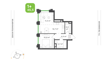 1-к. квартира, 45 м²