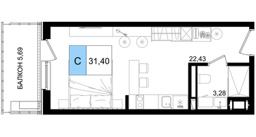 Студия, 31 м²