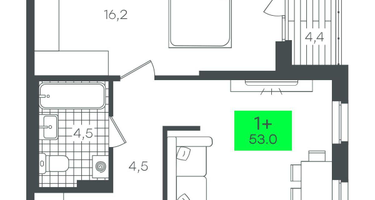 1-к. квартира, 53&nbsp;м²