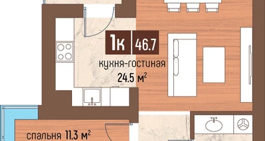 1-к. квартира, 46&nbsp;м²