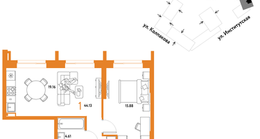 1-к. квартира, 44 м²
