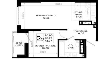 1-к. квартира, 41&nbsp;м²
