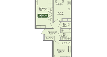 2-к. квартира, 54&nbsp;м²