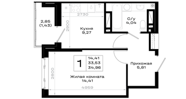 1-к. квартира, 34&nbsp;м²