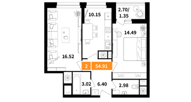 2-к. квартира, 54 м²
