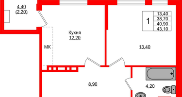 1-к. квартира, 40&nbsp;м²