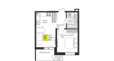 1-к. квартира, 38 м²