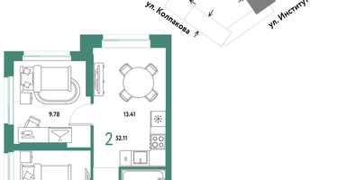 2-к. квартира, 52&nbsp;м²