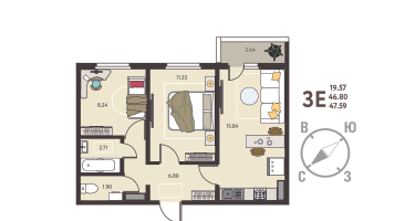 2-к. квартира, 47&nbsp;м²