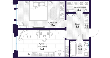 1-к. квартира, 51 м²