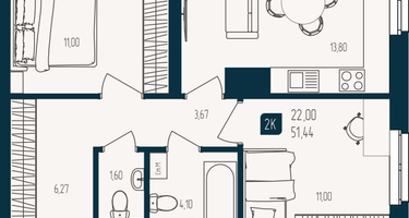2-к. квартира, 51 м²