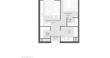 1-к. квартира, 54 м²