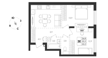 3-к. квартира, 55 м²