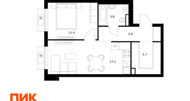 1-к. квартира, 43 м²
