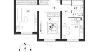 2-к. квартира, 52&nbsp;м²