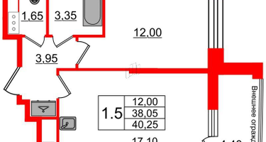 1-к. квартира, 38&nbsp;м²