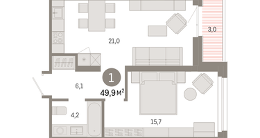 1-к. квартира, 49&nbsp;м²