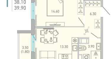 1-к. квартира, 39 м²