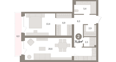 2-к. квартира, 71&nbsp;м²