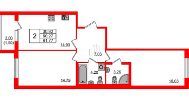 2-к. квартира, 61&nbsp;м²